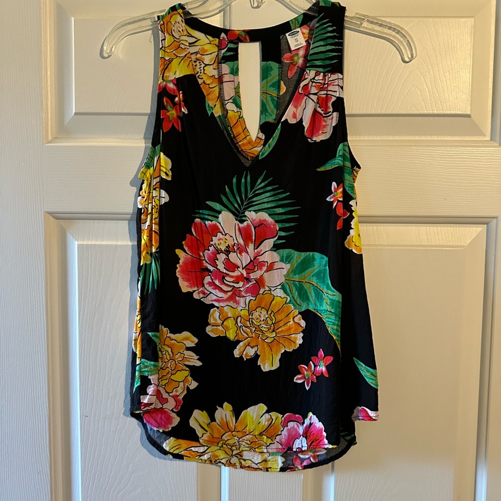 Floral Sleeveless Top - Black with Multicolor Design